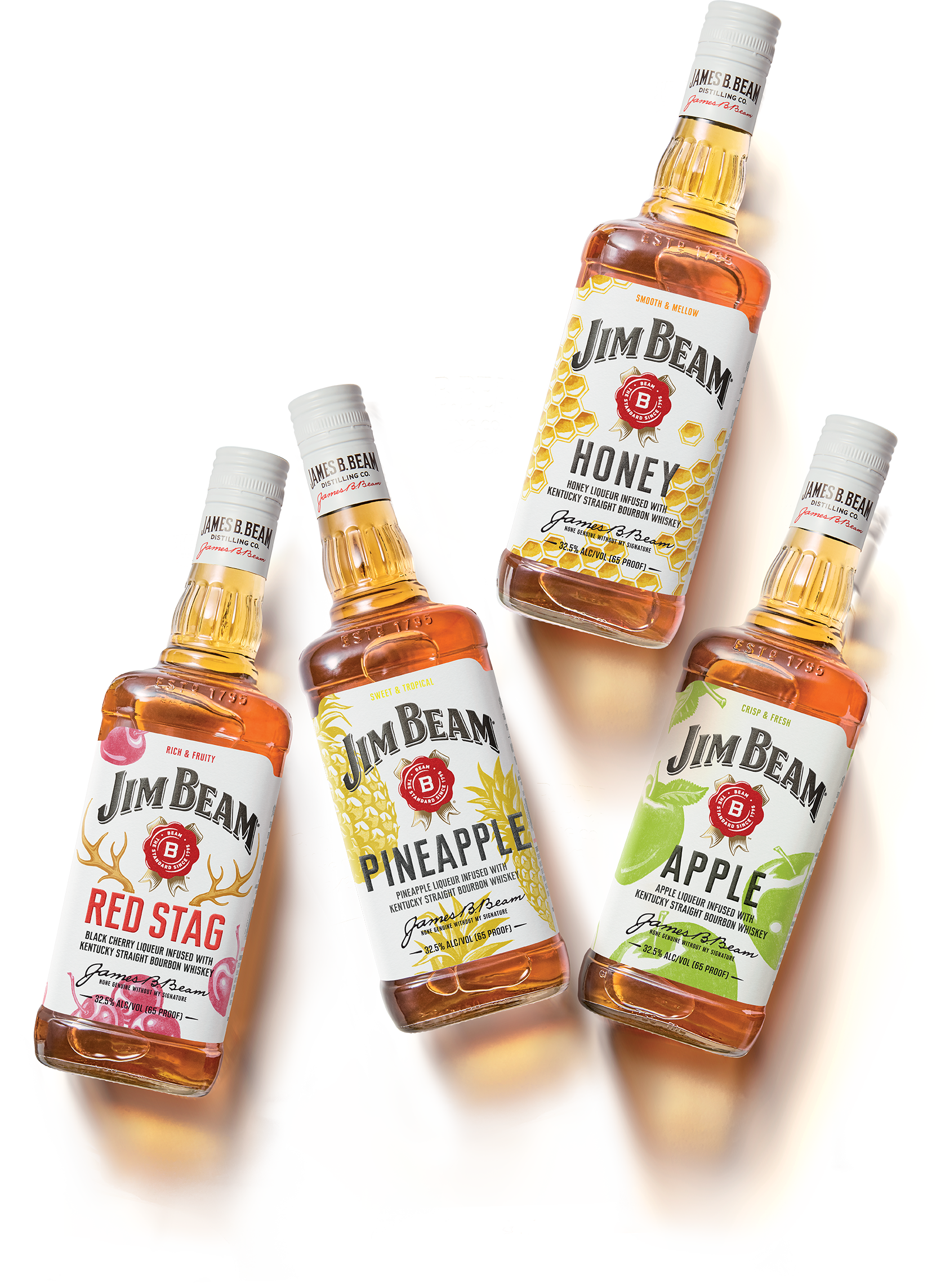 The Jim Beam flavor family: Original, Red Stag, Pineapple, Honey and Apple